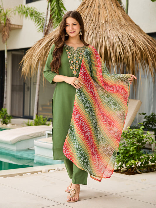 Women's Gorgeous Rayon Embroidery work Straight Kurta with Pant and Dupatta Set 705