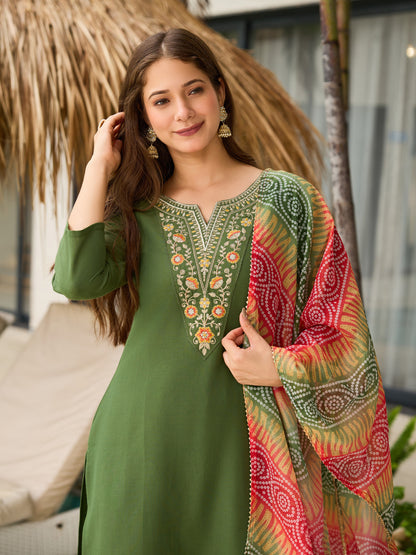 Women's Gorgeous Rayon Embroidery work Straight Kurta with Pant and Dupatta Set 705