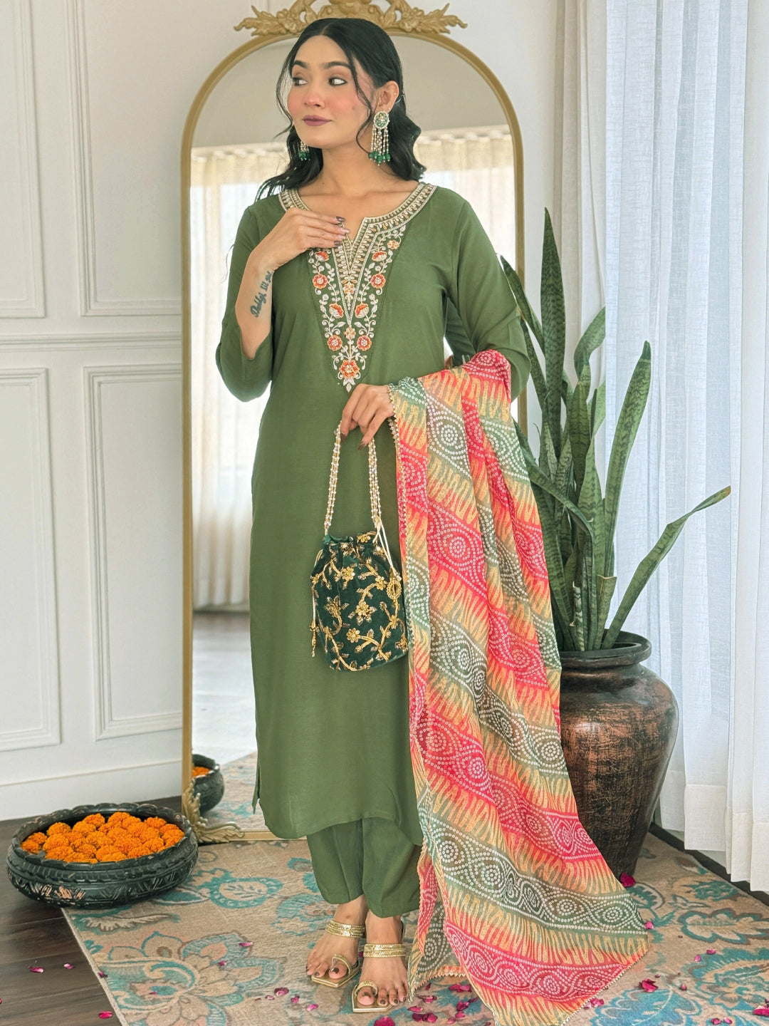 Women's Gorgeous Rayon Embroidery work Straight Kurta with Pant and Dupatta Set