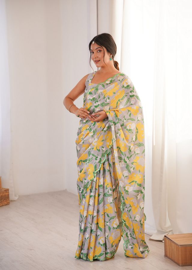 Off White Color Girlie Chinon Fabric Designer Digital Printed Ceremonial Saree