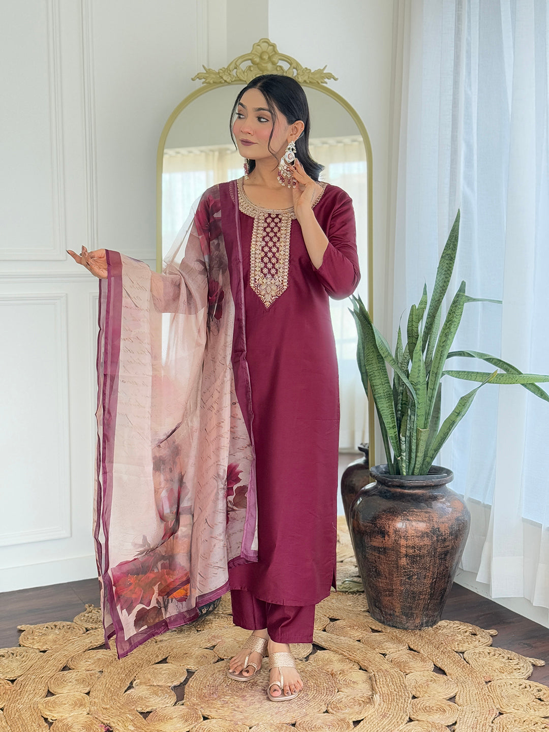 Women's Gorgeous Rayon Embroidery Straight Kurta with Pant And Dupatta Set 710