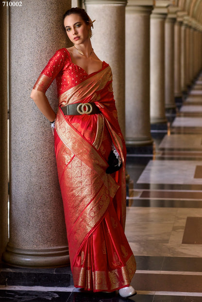 Red Silk Tissue Zari Weaving work Saree with Blouse Piece