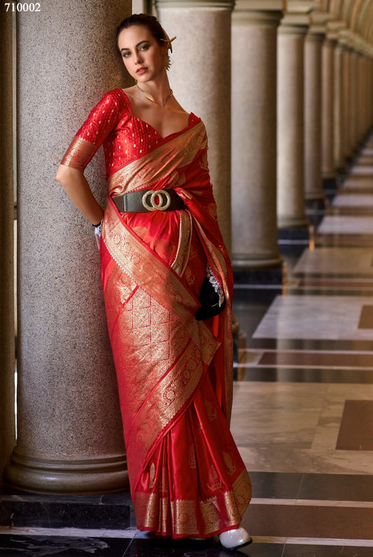 Red Silk Tissue Zari Weaving work Saree with Blouse Piece