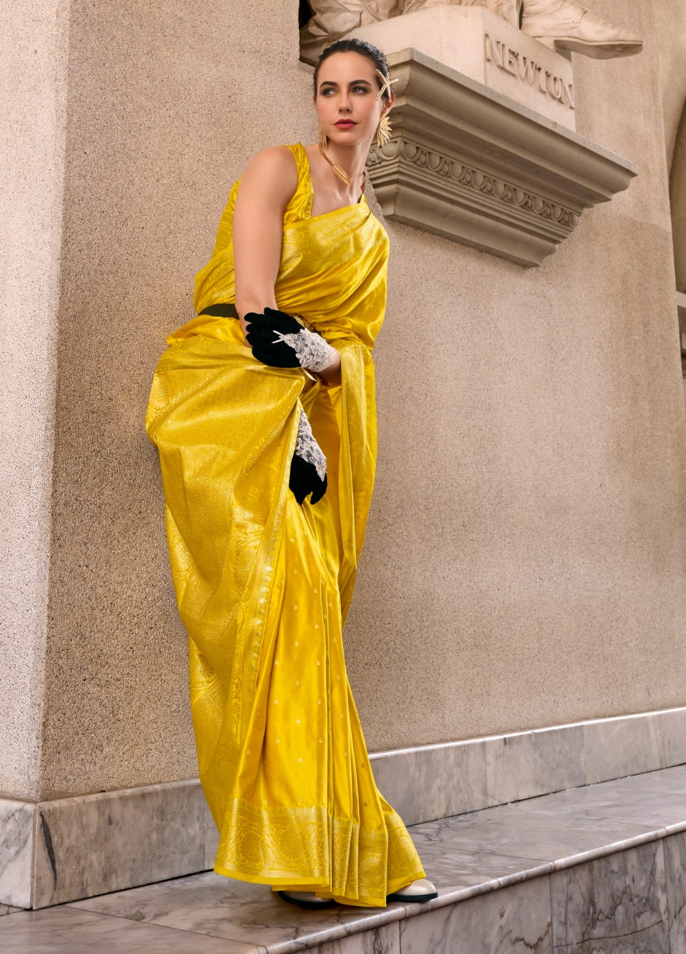Yellow Silk Tissue Zari Weaving work Saree with Blouse Piece