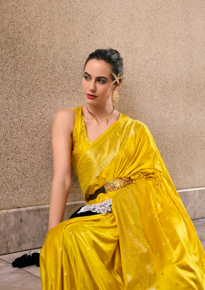Yellow Silk Tissue Zari Weaving work Saree with Blouse Piece