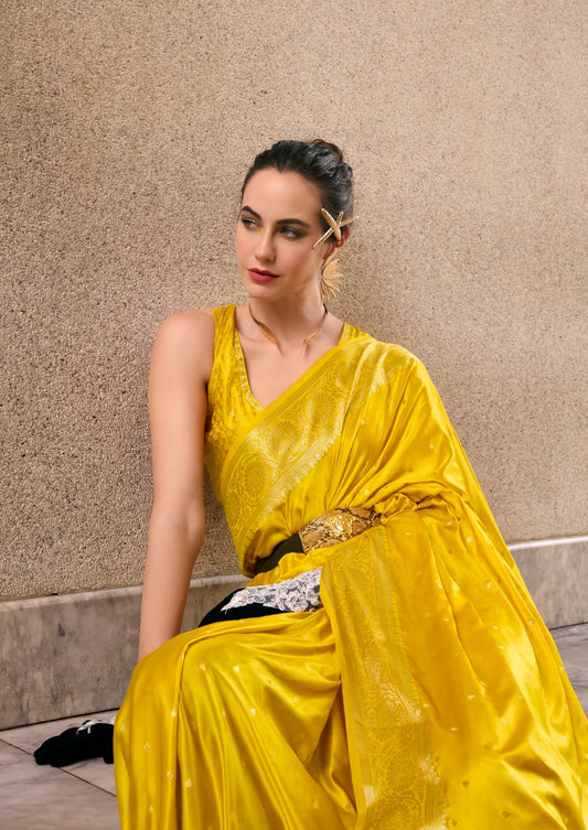 Yellow Silk Tissue Zari Weaving work Saree with Blouse Piece