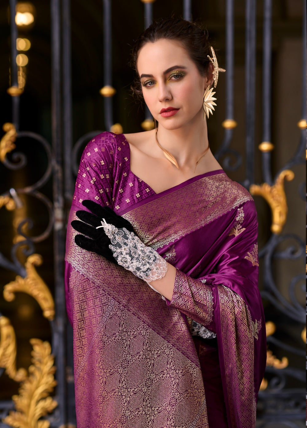 Violet Silk Tissue Zari Weaving work Saree with Blouse Piece