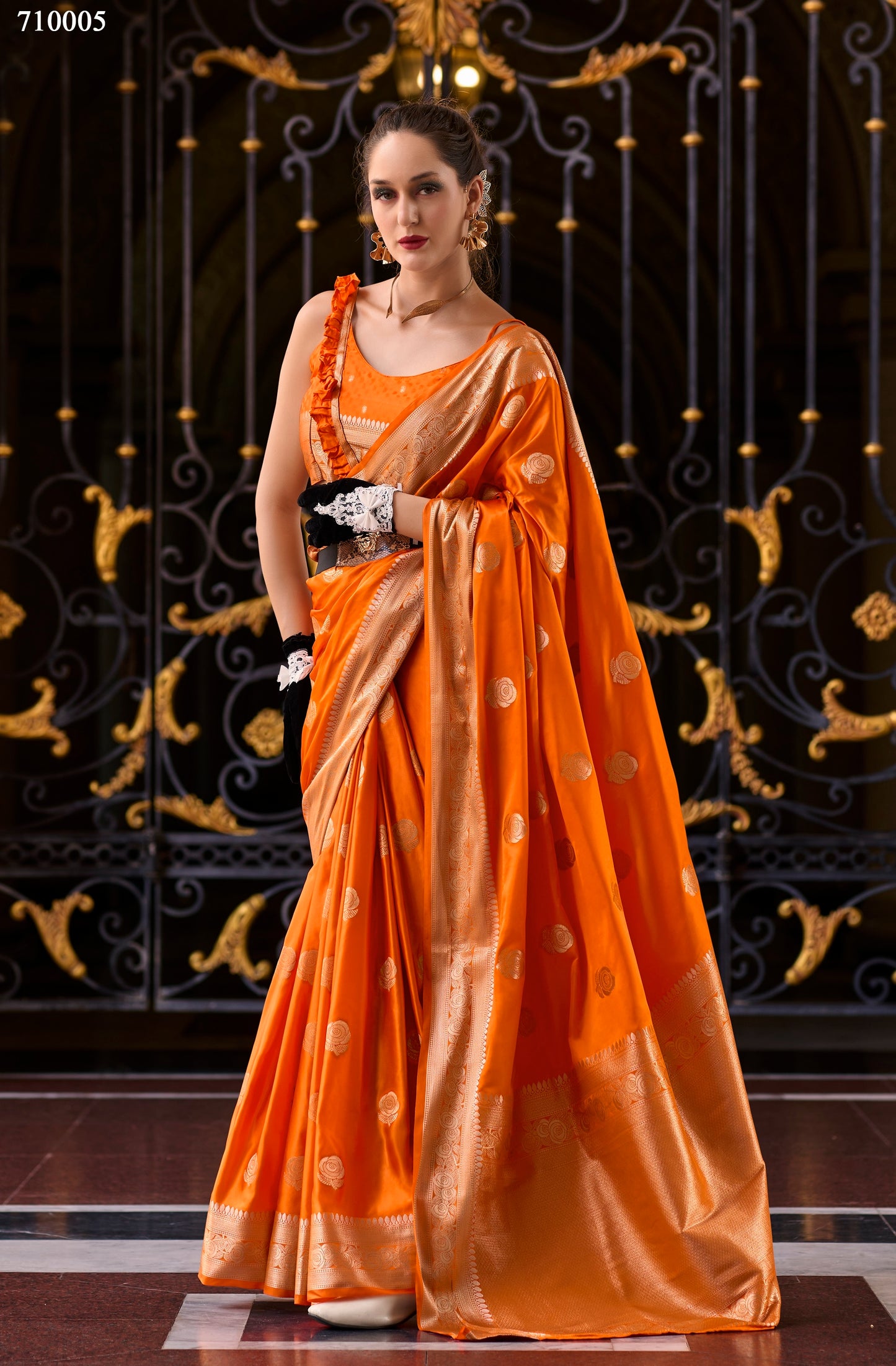Orange Silk Tissue Zari Weaving work Saree with Blouse Piece