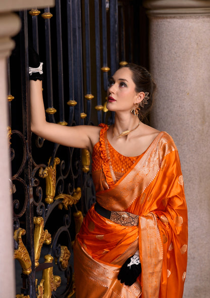Orange Silk Tissue Zari Weaving work Saree with Blouse Piece