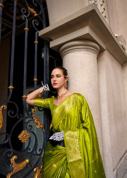 Parrot green Silk Tissue Zari Weaving work Saree with Blouse Piece
