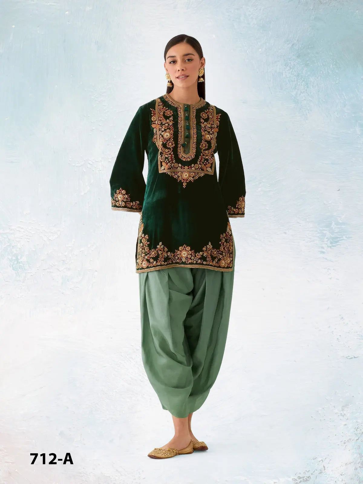Green embroidery sequence & thread work velvet semi stitched salwar suit
