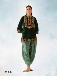 Green embroidery sequence & thread work velvet semi stitched salwar suit