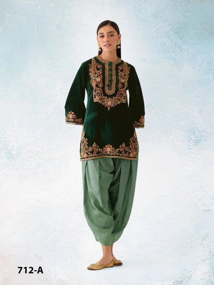 Green embroidery sequence & thread work velvet semi stitched salwar suit
