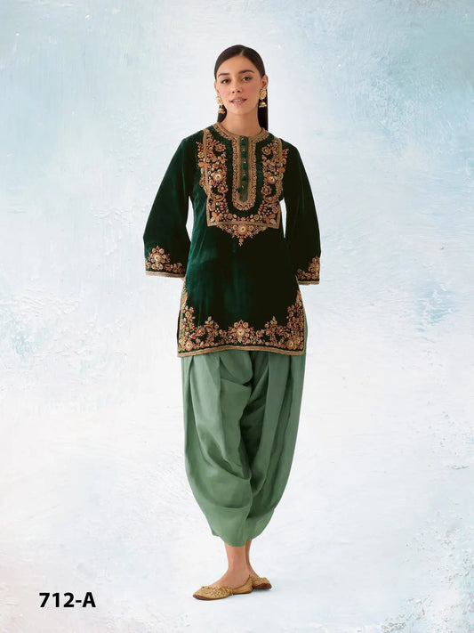 Green embroidery sequence & thread work velvet semi stitched salwar suit
