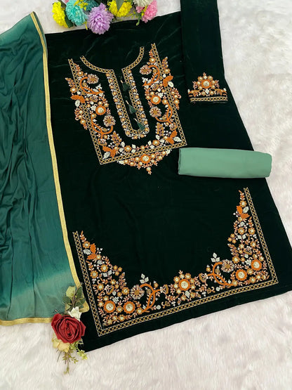 Green embroidery sequence & thread work velvet semi stitched salwar suit