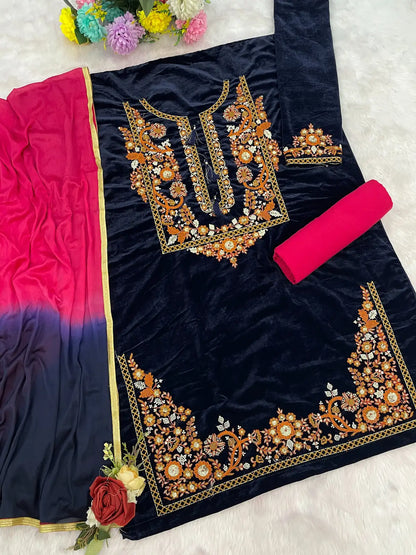 Black-red embroidery sequence & thread work velvet semi stitched salwar suit