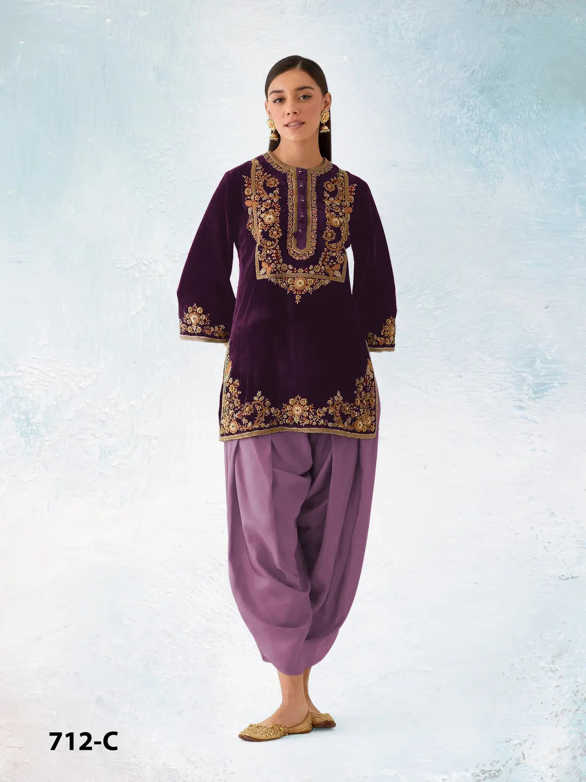Lavener-puple embroidery sequence & thread work velvet semi stitched salwar suit