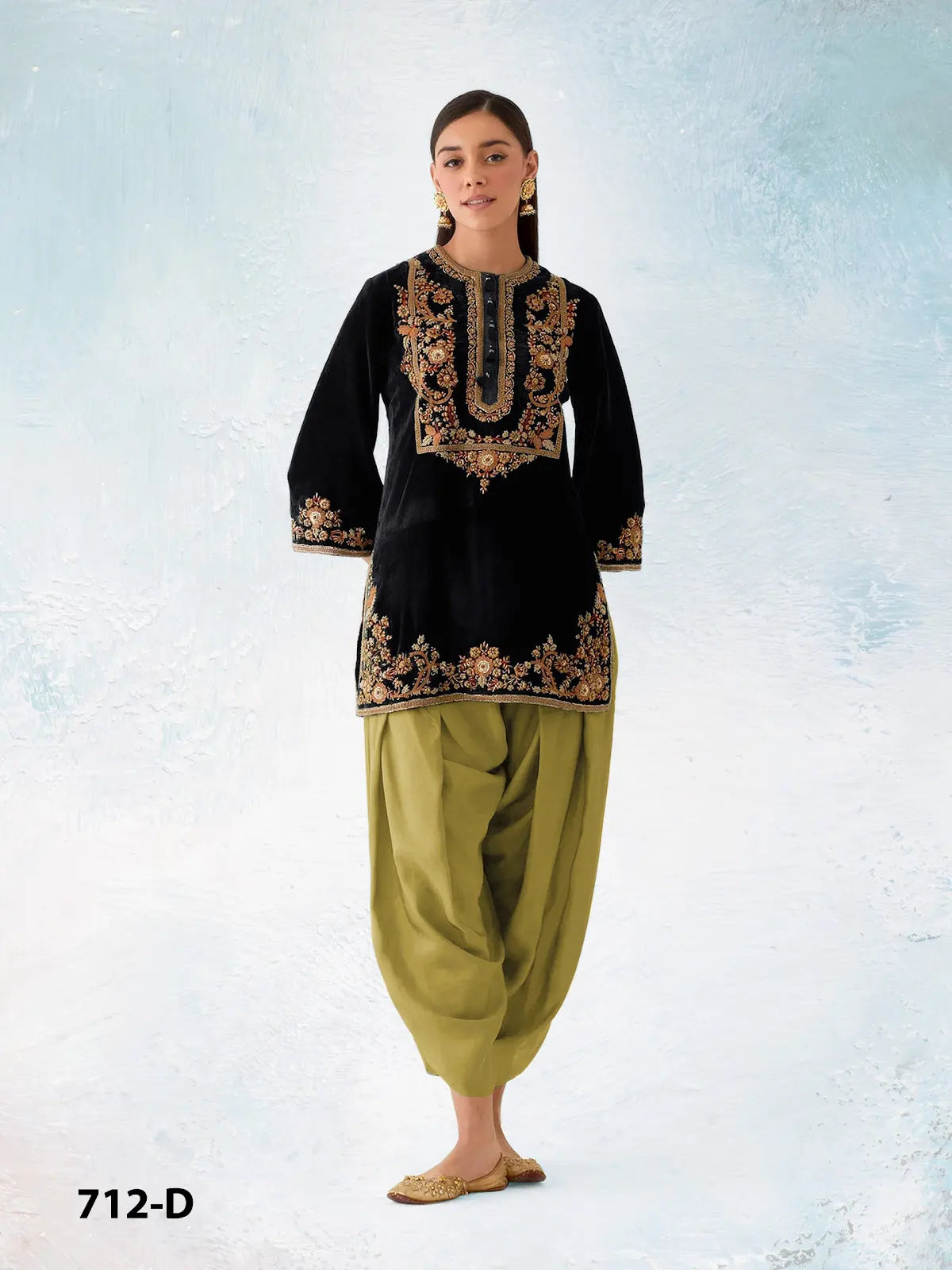 Mustard-black embroidery sequence & thread work velvet semi stitched salwar suit