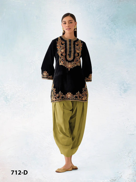 Mustard-black embroidery sequence & thread work velvet semi stitched salwar suit