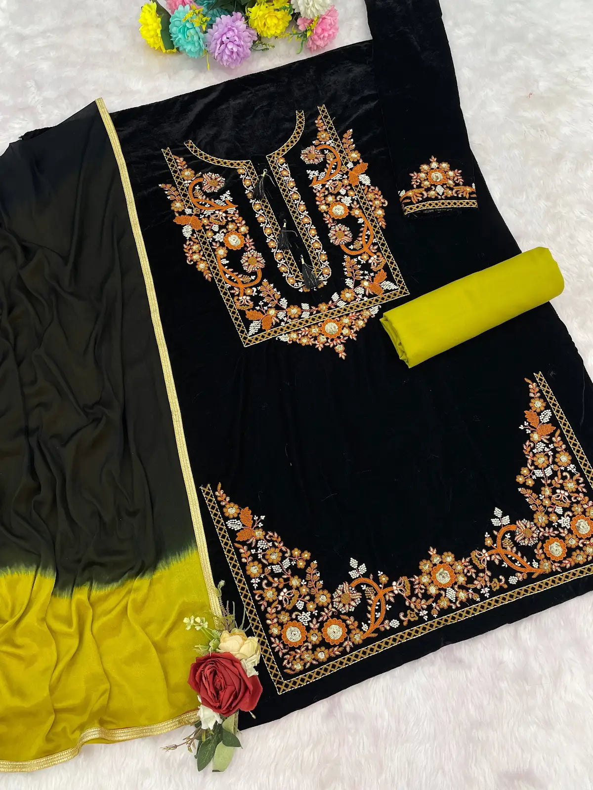 Mustard-black embroidery sequence & thread work velvet semi stitched salwar suit