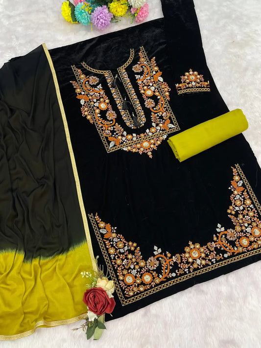 Mustard-black embroidery sequence & thread work velvet semi stitched salwar suit