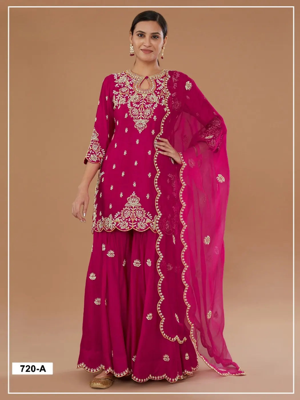 Magenta Vichitra Semi Stitched Suit with Embroidered viscose Thread Jari & Sequence work