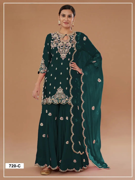 Green Vichitra Semi Stitched Suit with Embroidered viscose Thread Jari & Sequence work