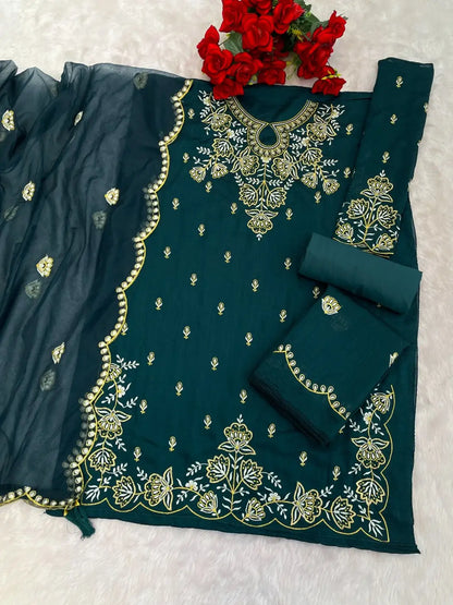 Green Vichitra Semi Stitched Suit with Embroidered viscose Thread Jari & Sequence work