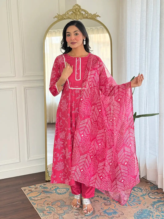 Women's Beautiful Rayon Fabric Printed Work Flared Kurta Pant and Dupatta Set