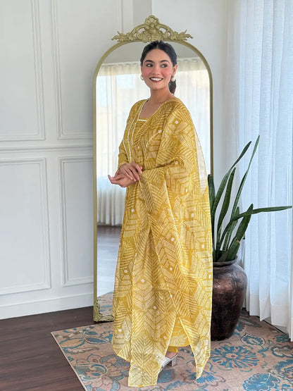 Women's Beautiful Rayon Fabric Printed Work A-Line Kurta Pant and Dupatta Set