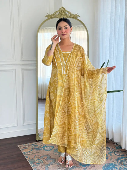 Women's Beautiful Rayon Fabric Printed Work A-Line Kurta Pant and Dupatta Set