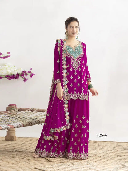 Purple Chinon Semi Stitched Suit with Embroidered Sequence & Mirror Work