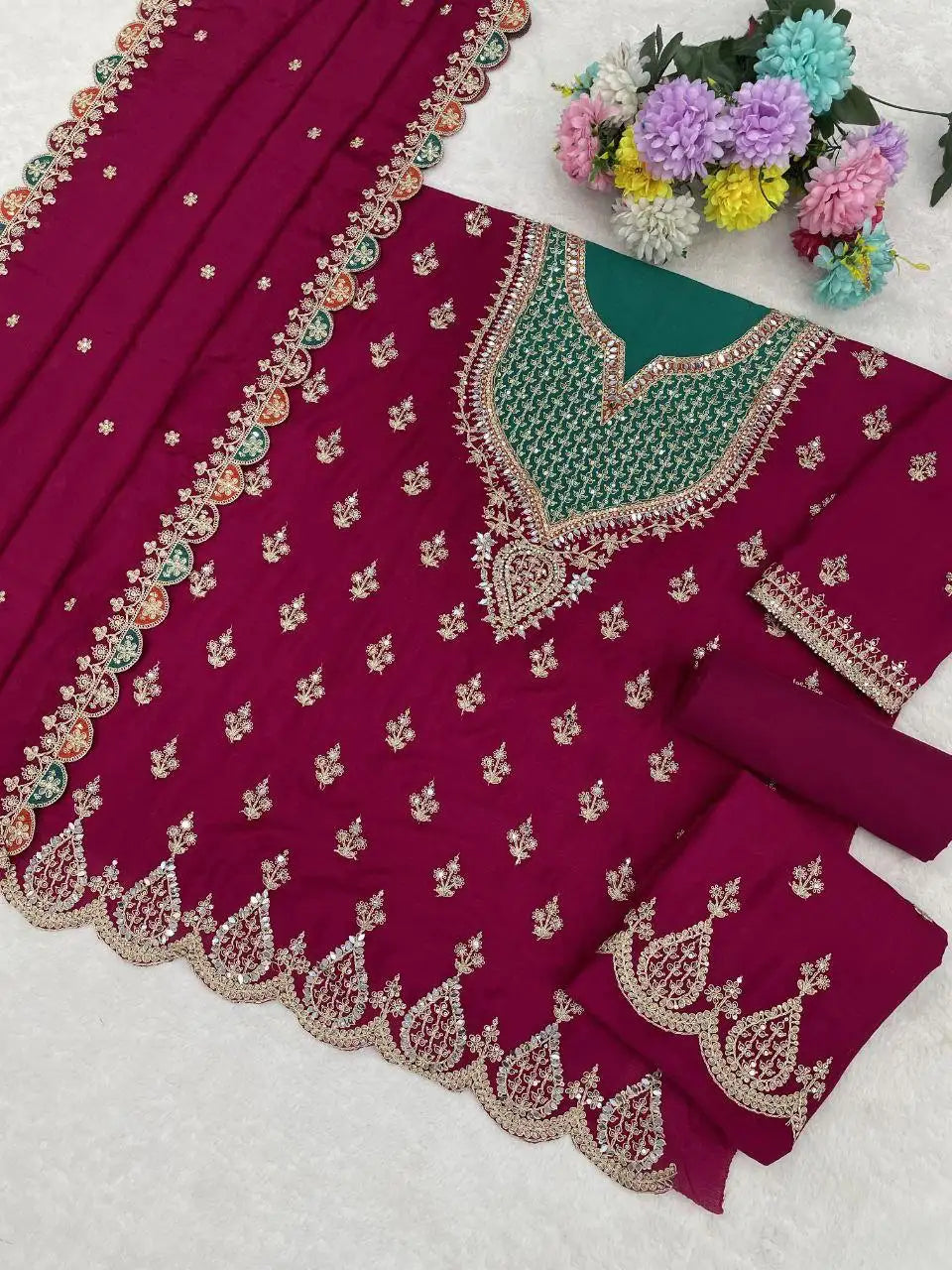 Purple Chinon Semi Stitched Suit with Embroidered Sequence & Mirror Work