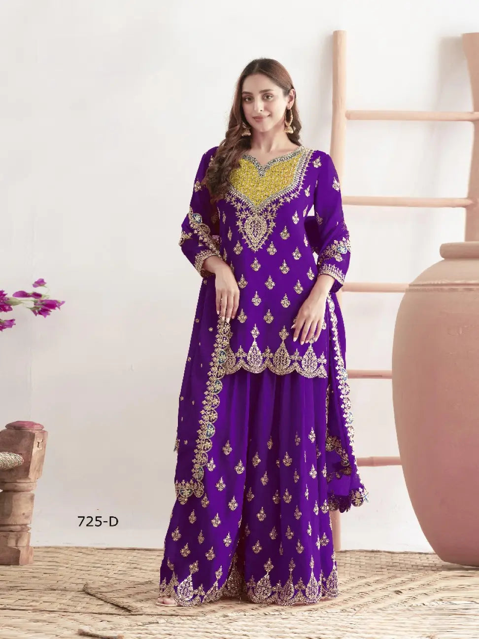 Violet Chinon Semi Stitched Suit with Embroidered Sequence & Mirror Work