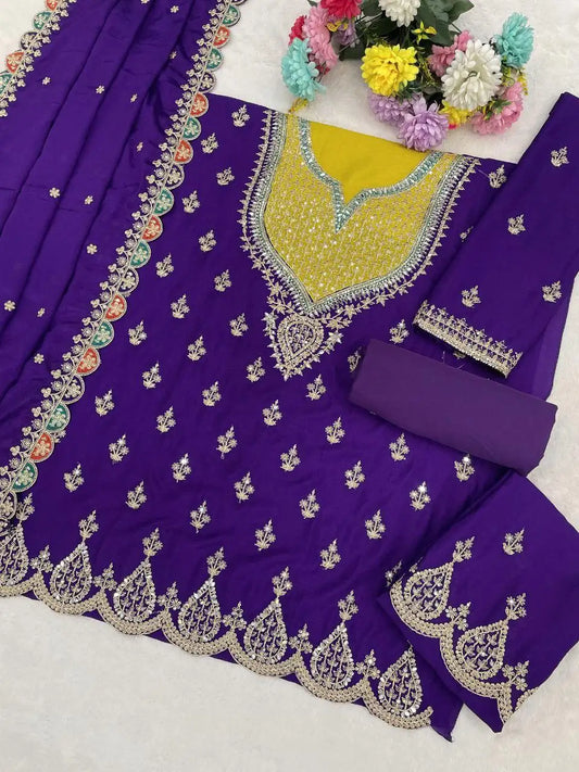 Violet Chinon Semi Stitched Suit with Embroidered Sequence & Mirror Work