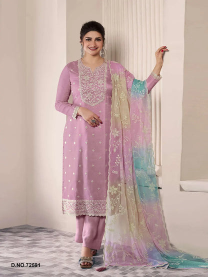Purple Moonga Silk Semi Stitched Suit with Embroidery Sequence Work