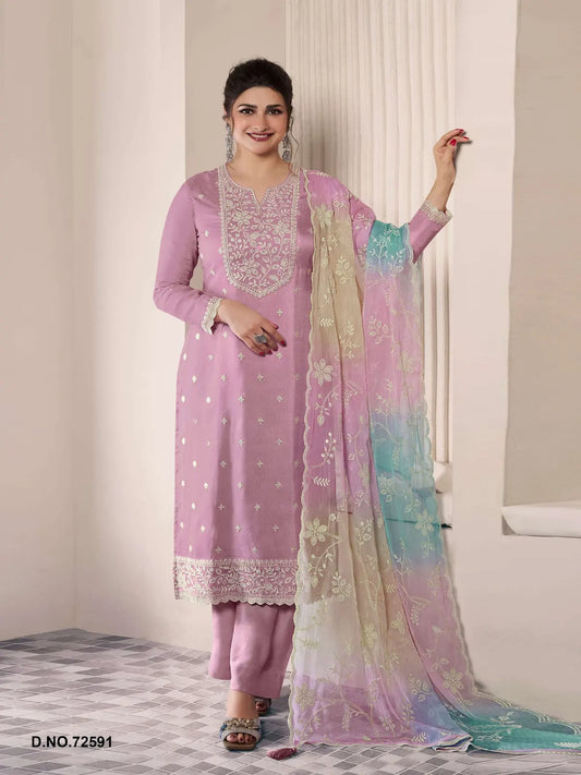 Purple Moonga Silk Semi Stitched Suit with Embroidery Sequence Work