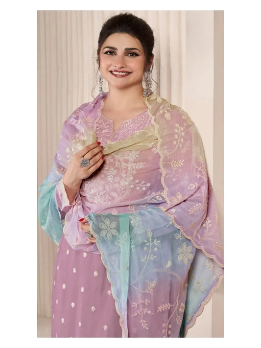 Purple Moonga Silk Semi Stitched Suit with Embroidery Sequence Work