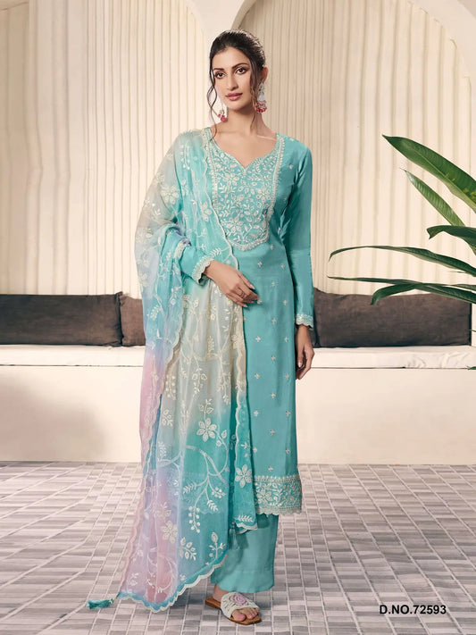Sky Blue Moonga Silk Semi Stitched Suit with Embroidery Sequence Work