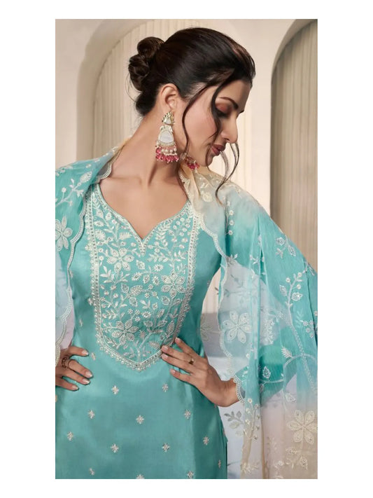 Sky Blue Moonga Silk Semi Stitched Suit with Embroidery Sequence Work