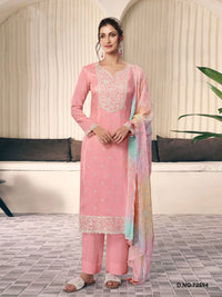 Peach Moonga Silk Semi Stitched Suit with Embroidery Sequence Work