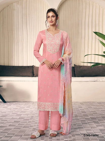 Peach Moonga Silk Semi Stitched Suit with Embroidery Sequence Work