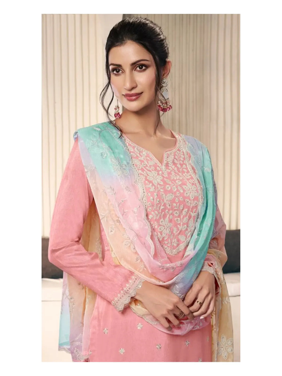 Peach Moonga Silk Semi Stitched Suit with Embroidery Sequence Work
