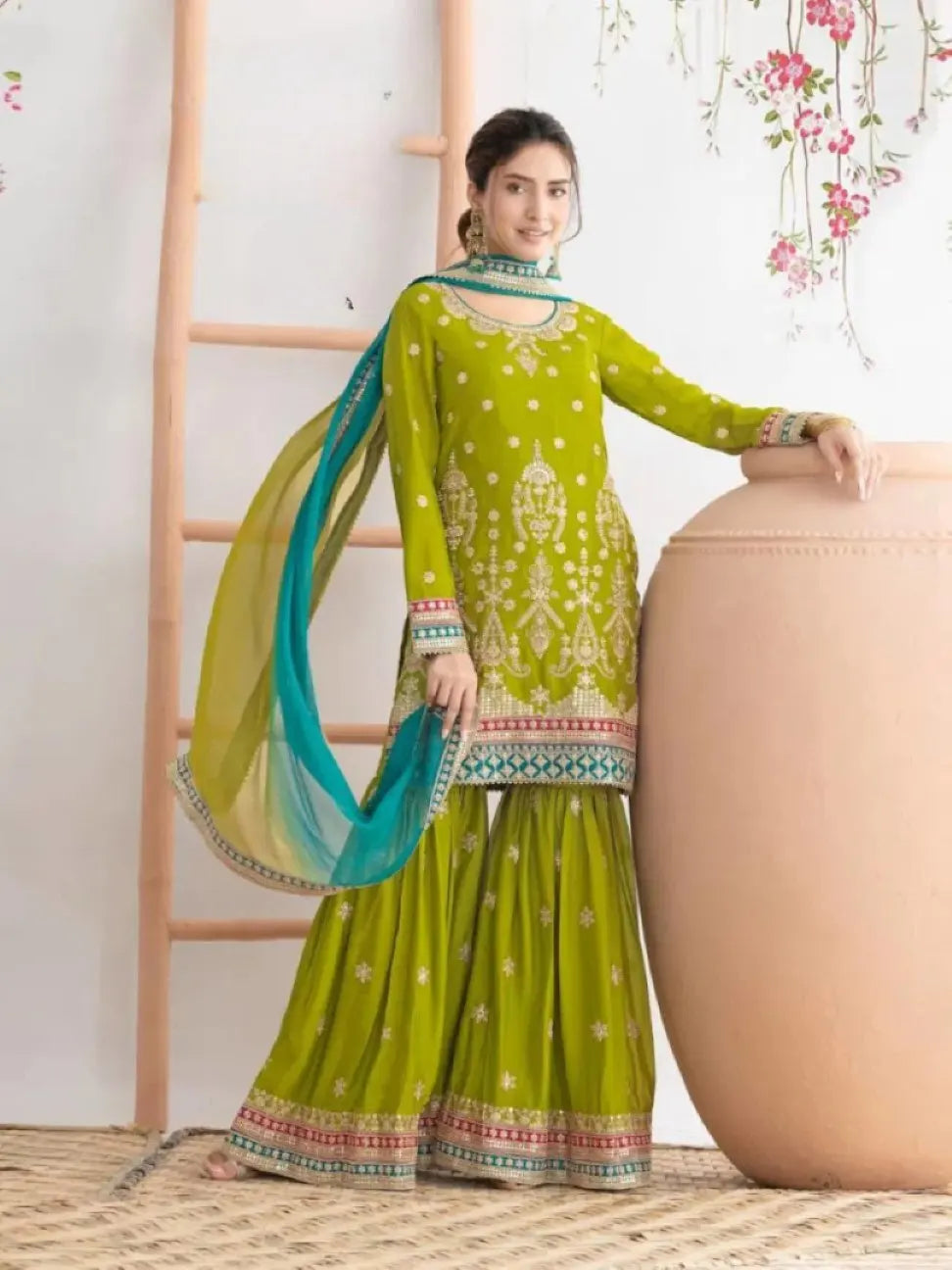 Chinon Semi Stitched Suit with Embroidered Sequence & Mirror Work