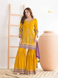 Yellow Chinon Semi Stitched Suit with Embroidered Sequence & Mirror Work