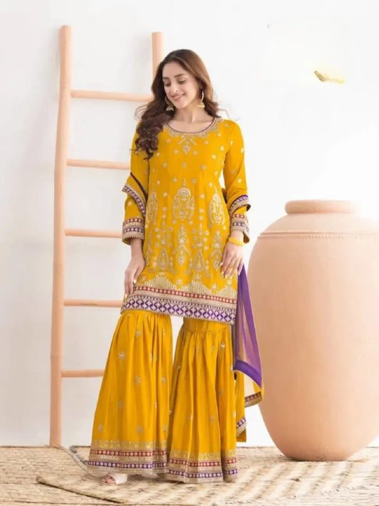 Yellow Chinon Semi Stitched Suit with Embroidered Sequence & Mirror Work