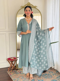 Women's Beautiful Rayon Fabric Embroidery Work A-Line Kurta Pant and Dupatta Set