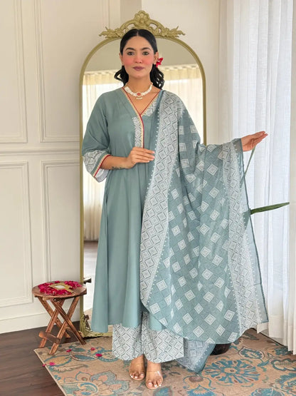 Women's Beautiful Rayon Fabric Embroidery Work A-Line Kurta Pant and Dupatta Set