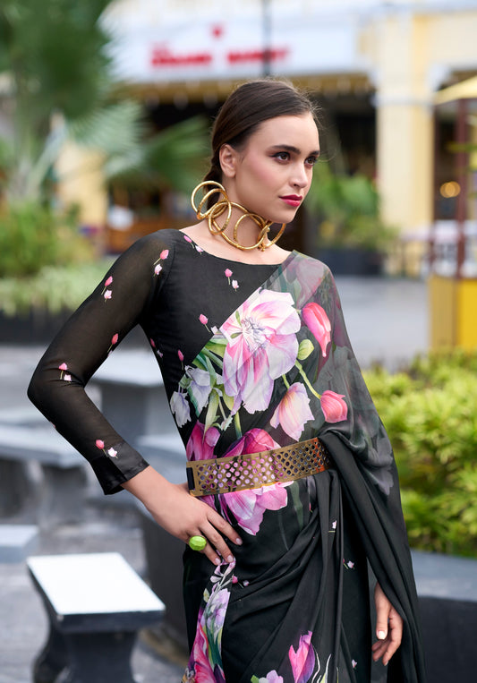 Black Designer Printed Pure Georgette Saree With Blouse