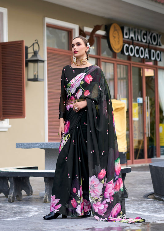 Black Designer Printed Pure Georgette Saree With Blouse